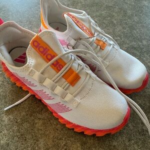 Adidas White Sneakers with Pink and Orange Soles